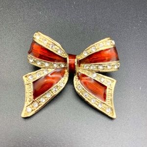 Vintage Heavily Enameled Outlined in Rhinestones Bow Brooch